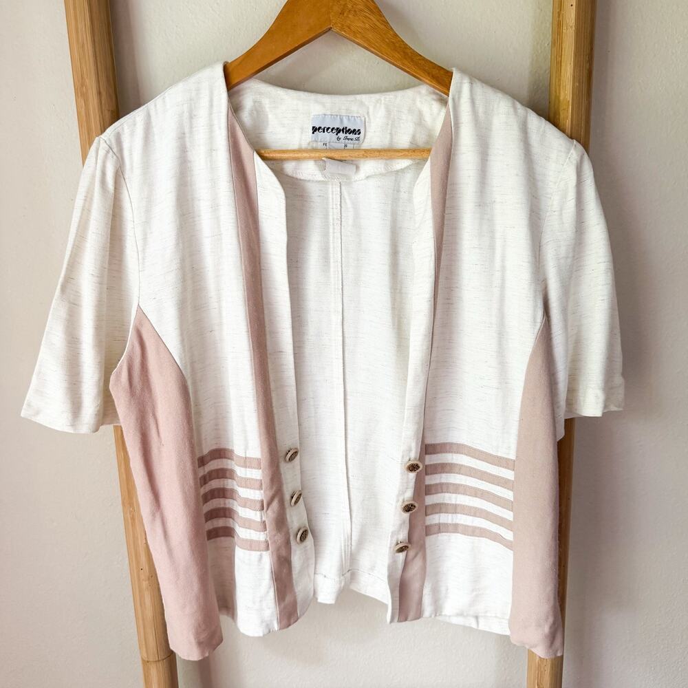 Vintage Perceptions by Irene B. White Cream Pink Open Front Cardigan Size 14